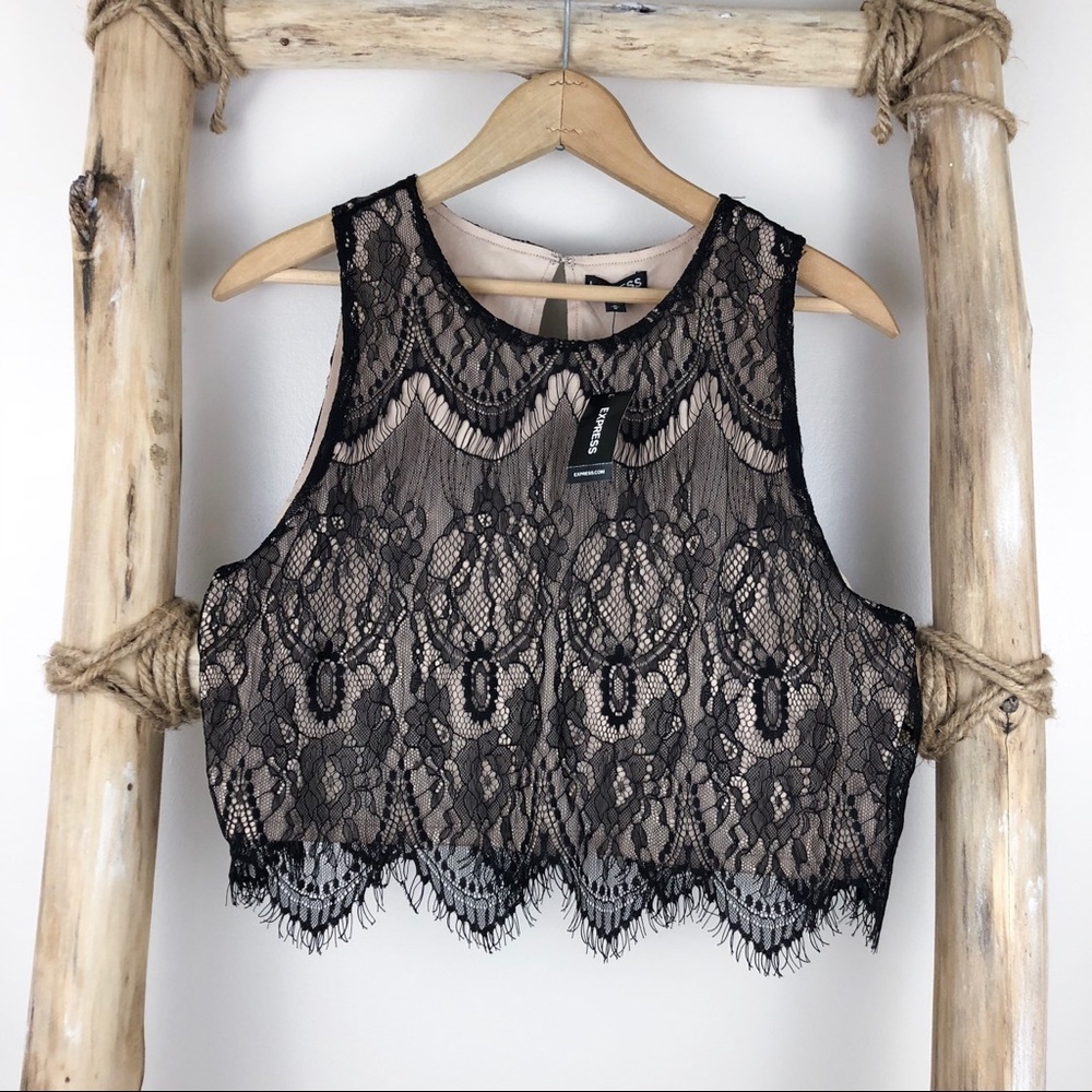 Express Black Lace Crop Top with Nude Underlay
